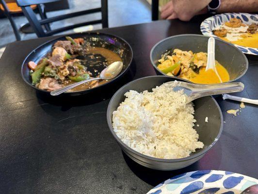 Spicy basil  combo, rice and watery pineapple curry