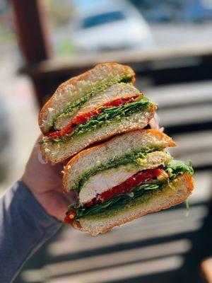 Chicken pesto with roasted red peppers & arugula on brioche