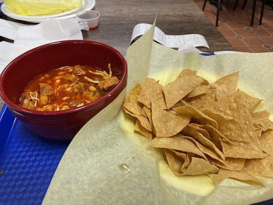 the pozole with a huge side of chips