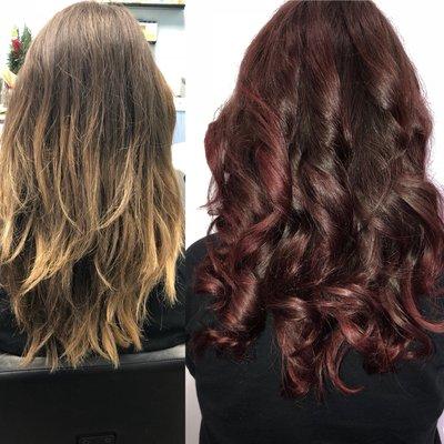 Before and after color melt and women's haircut