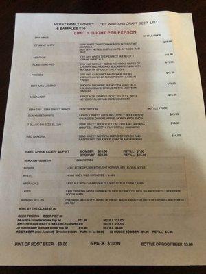 Dry wine and beer menu