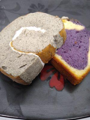 Black sesame roll and ube pound cake slice