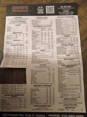 Menu prices from Mama's 61.  The section removed is the coupon I cut out for the Family size Calzone.