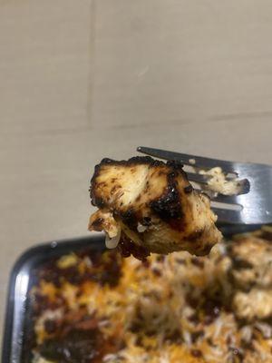 Burnt thin small dry burnt pieces of chicken kebab despite my request do not overcook or OVERCHAR (BURNT) chicken so NOT DRY