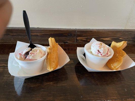 strawberry cheesecake ice cream with custard cream taiyaki was so so good, totally recommend, the combo is a great way to try both.