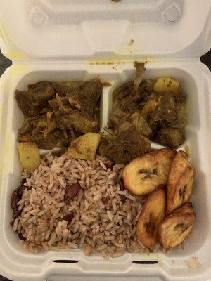 Medium Curry Goat. Fried Plantain. Rice and Peas.