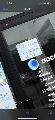 Sign up at 1:35p even though patients have scheduled appointments. And guess what? The door says lunch is 11a-11:30a...