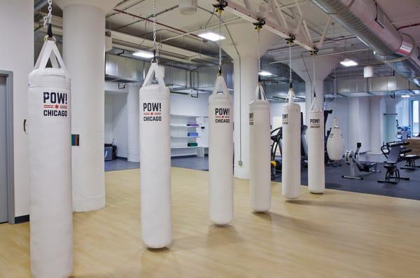 This is POW's new space at 310 S Racine - this is our boxing area.  The bags move and some lower from the ceiling.