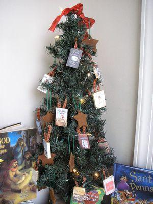 Christmas tree with tiny books as ornaments