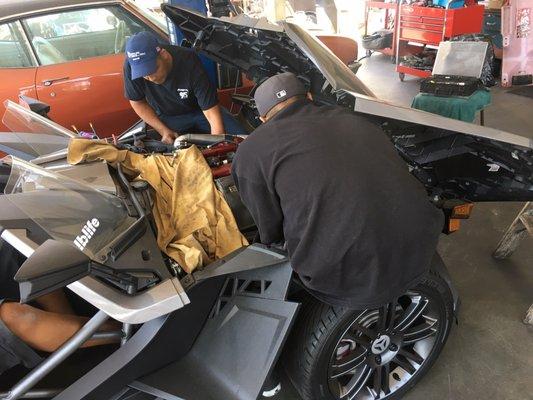 Polaris Slingshot in for a bunch of product installs. Including new fans, radiator, and some wiring that was needed.