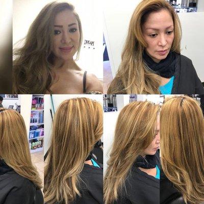 Highlights , hair cut and sleek straight blow dry.  By: jen O/Modern Cut