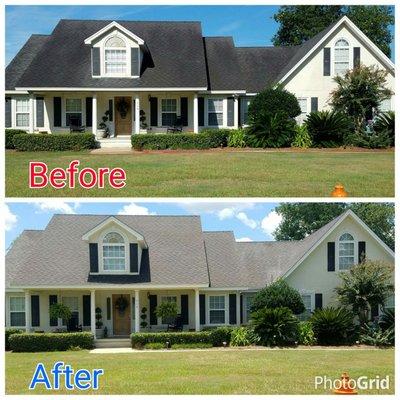 Roof cleaning to remove black stains from a client's roof.