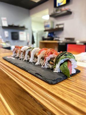 Tomato basil mozzarella sushi with balsamic drizzle.