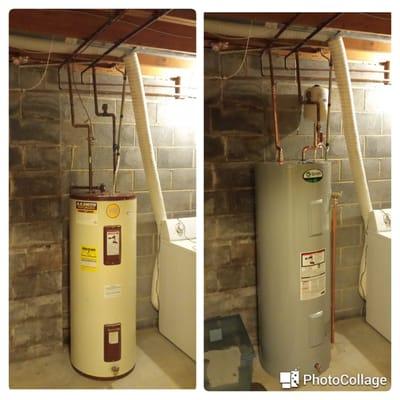 Old 50g water heater on left, new 50g with expansion tank and new ball shut off valve.