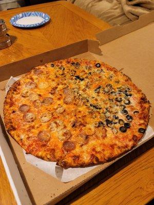 Large pie (16in): half olive, half sausage