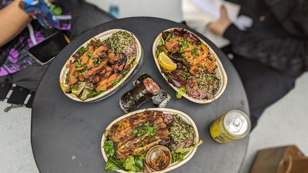 Teri chicken top left, beef in the middle, and shrimp top right