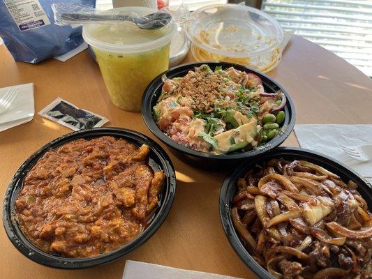 Butter chicken(left), Chicken corn chowder soup (super yummy), Poke bowl (center), Mongolian Beef(right)