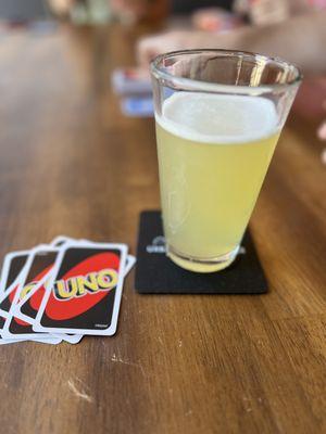 An amazing radler drink (hefeweizen+lemonade mixed) and uno!