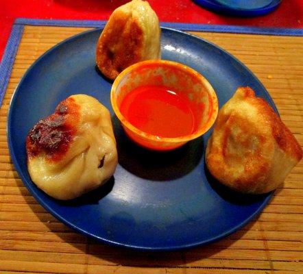 My momos with Tibetan hot sauce