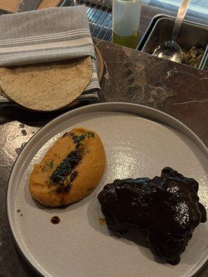 Cachete De Res En Chichilo (personal fave!)  CO Beef Cheek, Mole Negro Chichilo (48 hour Mole), Sweet Potato Puree, Salsa Chiles Secos