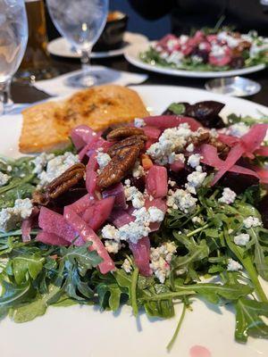 Roasted beet and arugula salad with cedar plank salmon