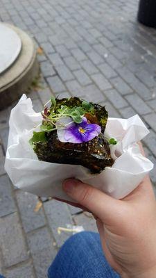 OG spam musubi with edible flower