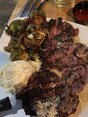 Montreal Ribeye with roasted brussell sprouts and yukon gold mashed. Absolutely incredible.