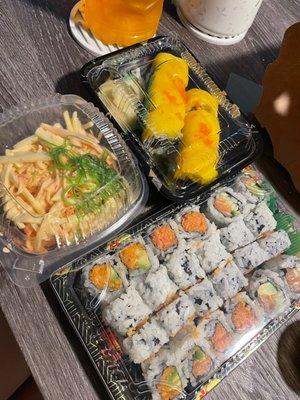 Mango Tango Roll (top) Spicy Kani Salad, Spicy Salmon Roll, Spicy Tuna Roll, Alaska Roll