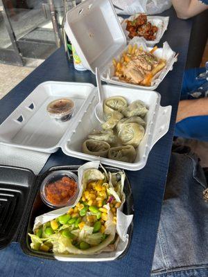 tofu taco, steamed dumplings, kimchi fries, chicken