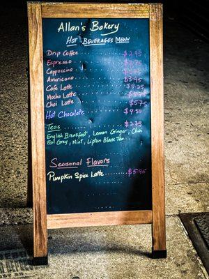 Coffee menu