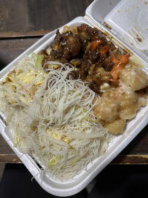 Combo B: Rice Noodles, Honey Pepper Chicken (left), Coconut Shrimp (right)