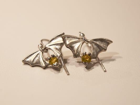 Bridge Bat Earrings with Peridot gemstones.