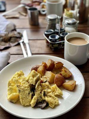 Omelette Eggs and Breakfast Potatoes