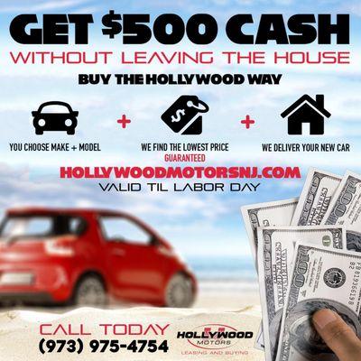 Get $500 Cash without leaving the house. Valid thru Labor Day 2017