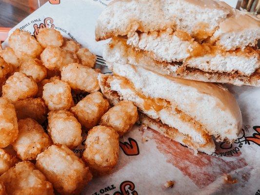 Fried Chicken sandwich with Hot Honey Mustard and Tots!