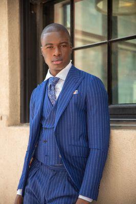 Custom Made Blue Pinstripe Three Piece Suit