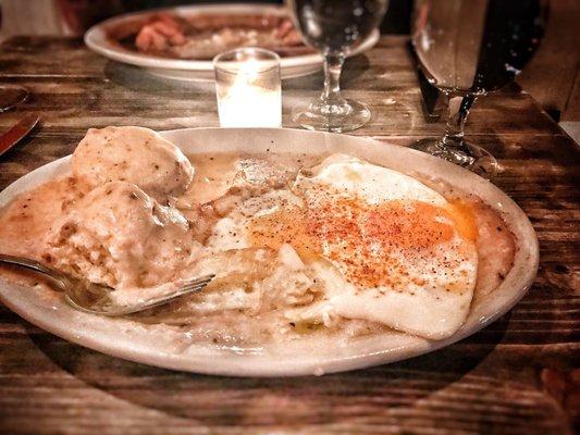 Smothered Biscuits with Grits (Fried Egg on top)