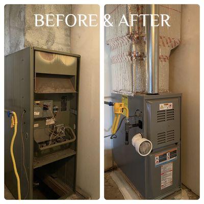 Before and after photos of a new installed furnace. Clean, efficient work is what we strive for every day.