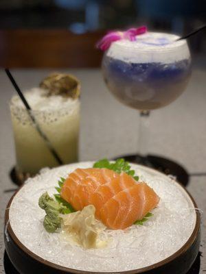 Gunsmoke Margarita, Lavender Bliss & Fresh Salmon Sashimi