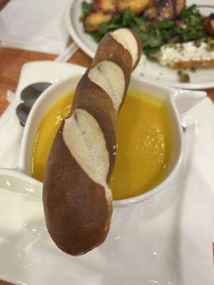 Carrot soup and soft pretzel