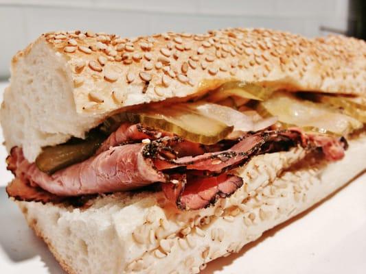 Pieta Pastrami:  Shaved hot pastrami, house-made dill pickles & onions, pepperoncini aioli