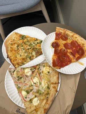 Pepperoni Pizza, crab rangoon pizza, Buffalo Cauliflower, Scallion and Blue Cheese Pizza