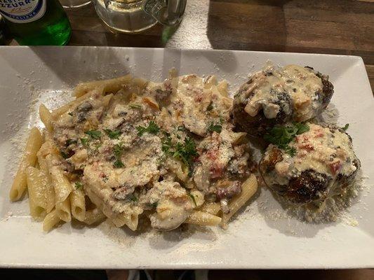 Herb encrusted Meatloaf with cream sauce penne pasta