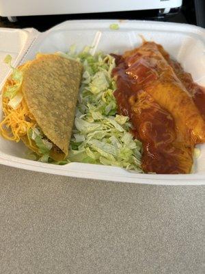 Hard shell taco and beef enchilada.