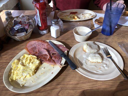 Country ham, scrambled eggs, biscuits and gravy!