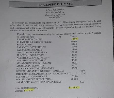 This is the estimate of what 4 Paws Pet Hospital would have charged me if I would have chose to take my dog here. RIDICULOUS!!!!