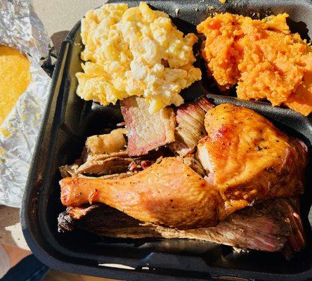 2 meat plate - 1/4 dark chicken, brisket, Mac-n-cheese, yams, cornbread