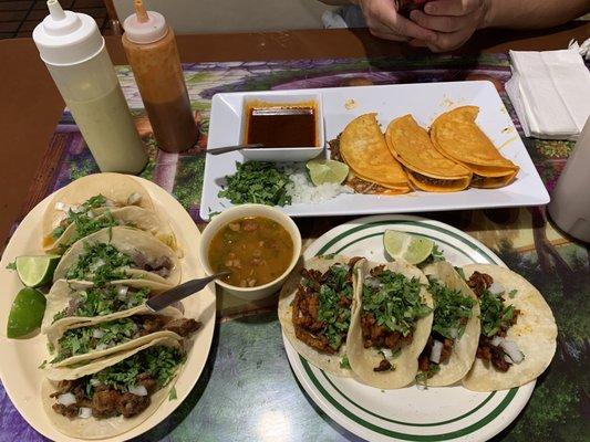 Quesabirria taco plate, 4 Tacos de Trompo con Frijoles Charros, tripas/chicharron/lengua tacos