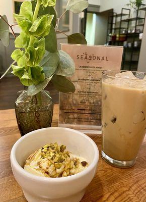 White chocolate affogato and honey almond latte