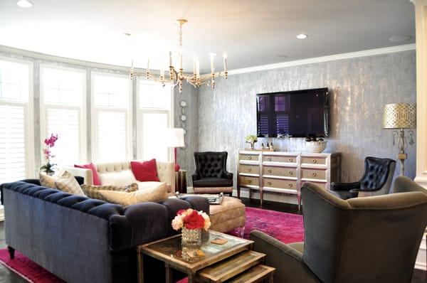 Living room with foil and luster stone finish.